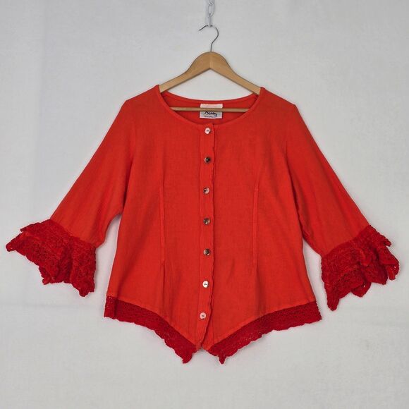 Dunes Relaxed Fashion Womens M Coral Orange Cotton Gauze Crochet Trim Blouse Top - Picture 6 of 12